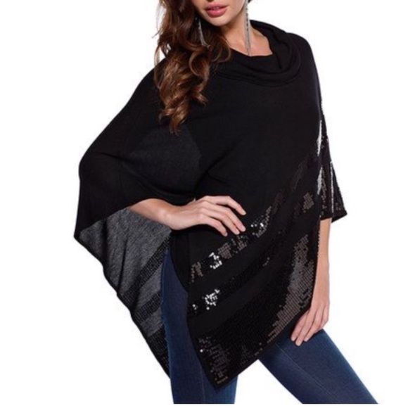 Belldini Sequined Striped Cowl-Neck Knit Poncho Style Sweater Black - Picture 3 of 10